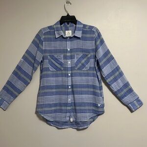 American Eagle Striped Blue Yellow Button Front Blouse Small